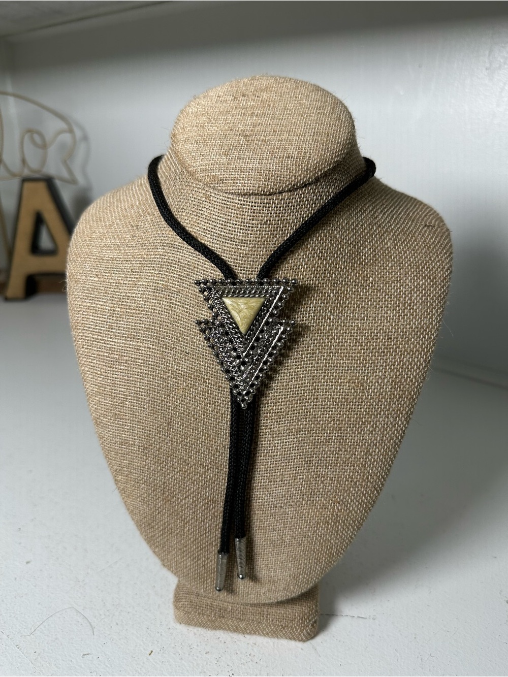 Vintage Southwestern Bolo Tie Geometric Triangle Stone Slide 18” Unisex Western